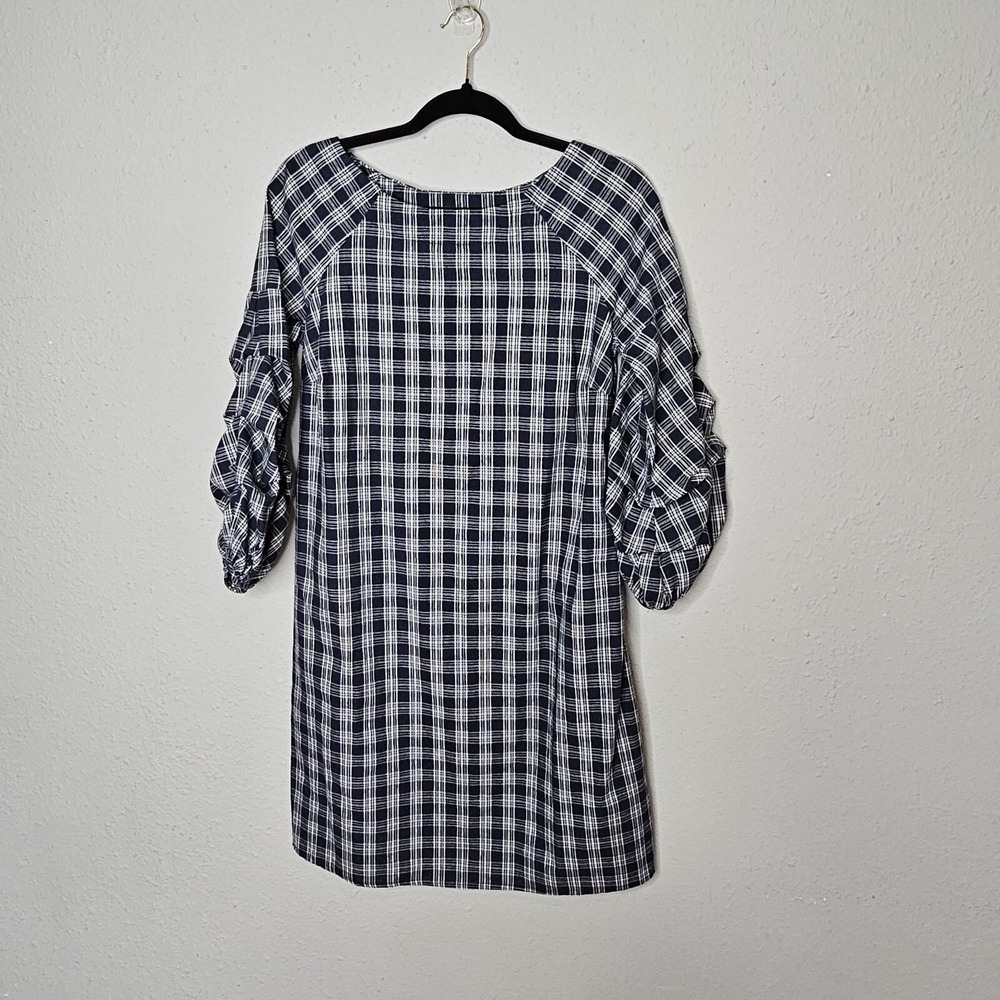 JOA Navy Blue White Plaid Mini Dress Tiered Ruffle Balloon‎ Sleeve XS Maternity